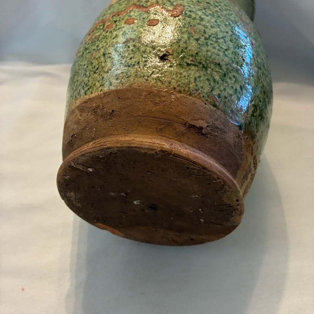 Italian ceramic pitcher rustic or folk art style, speckled green glaze Red Clay